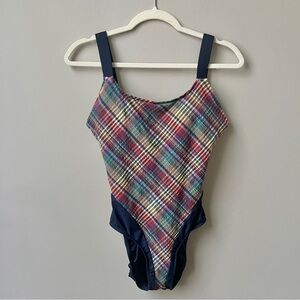 Vintage Swimsuit Women's 12 Madras Plaid Navy Blue Red Preppy Seersucker Classic